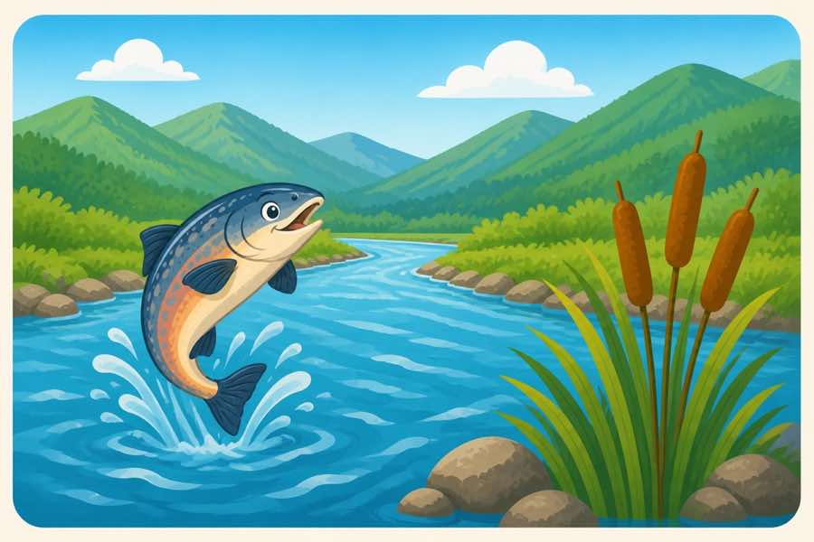 山々と沙流川、跳ねるサケ、川辺のガマを描いたNibutaningoのイラスト